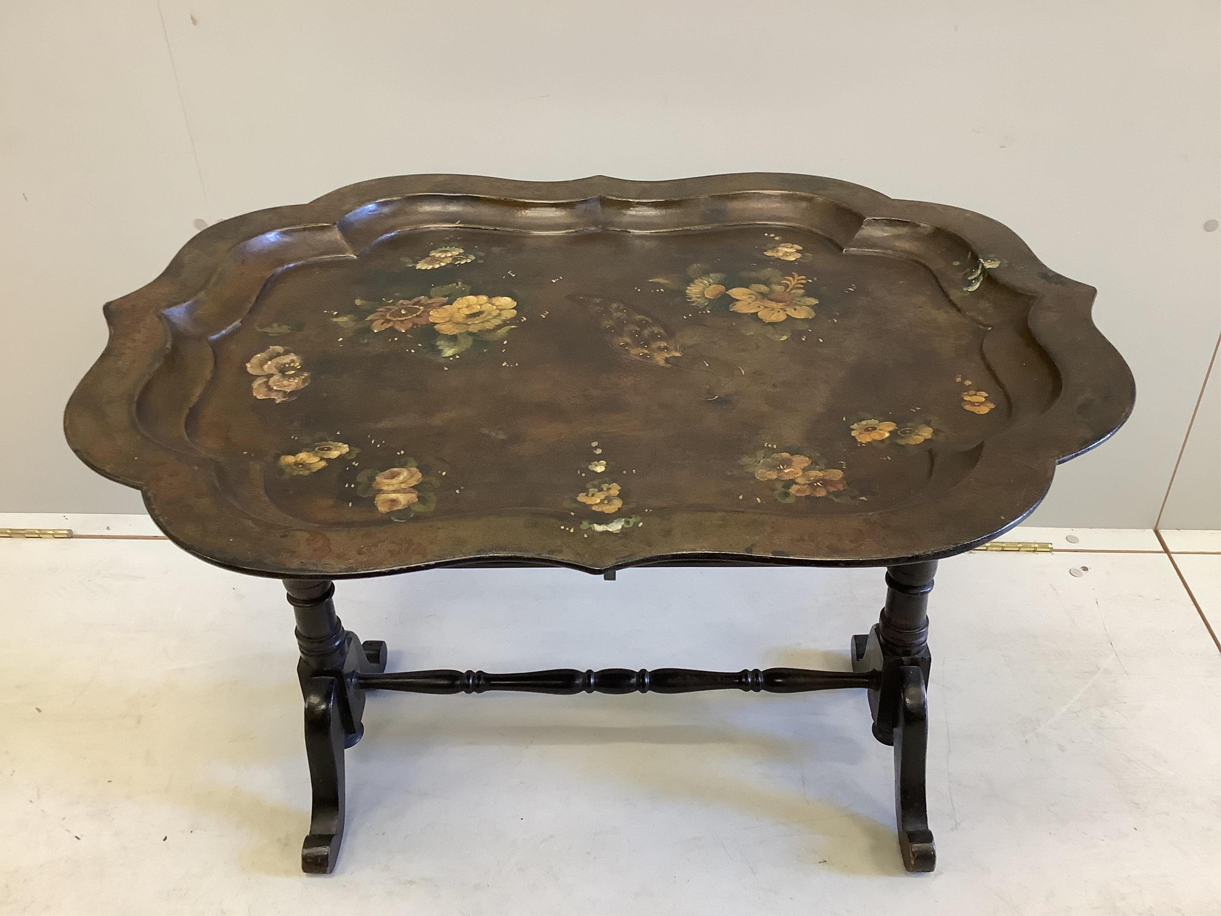 A Victorian painted papier mache tilt top occasional table, width 80cm, depth 64cm, height 55cm